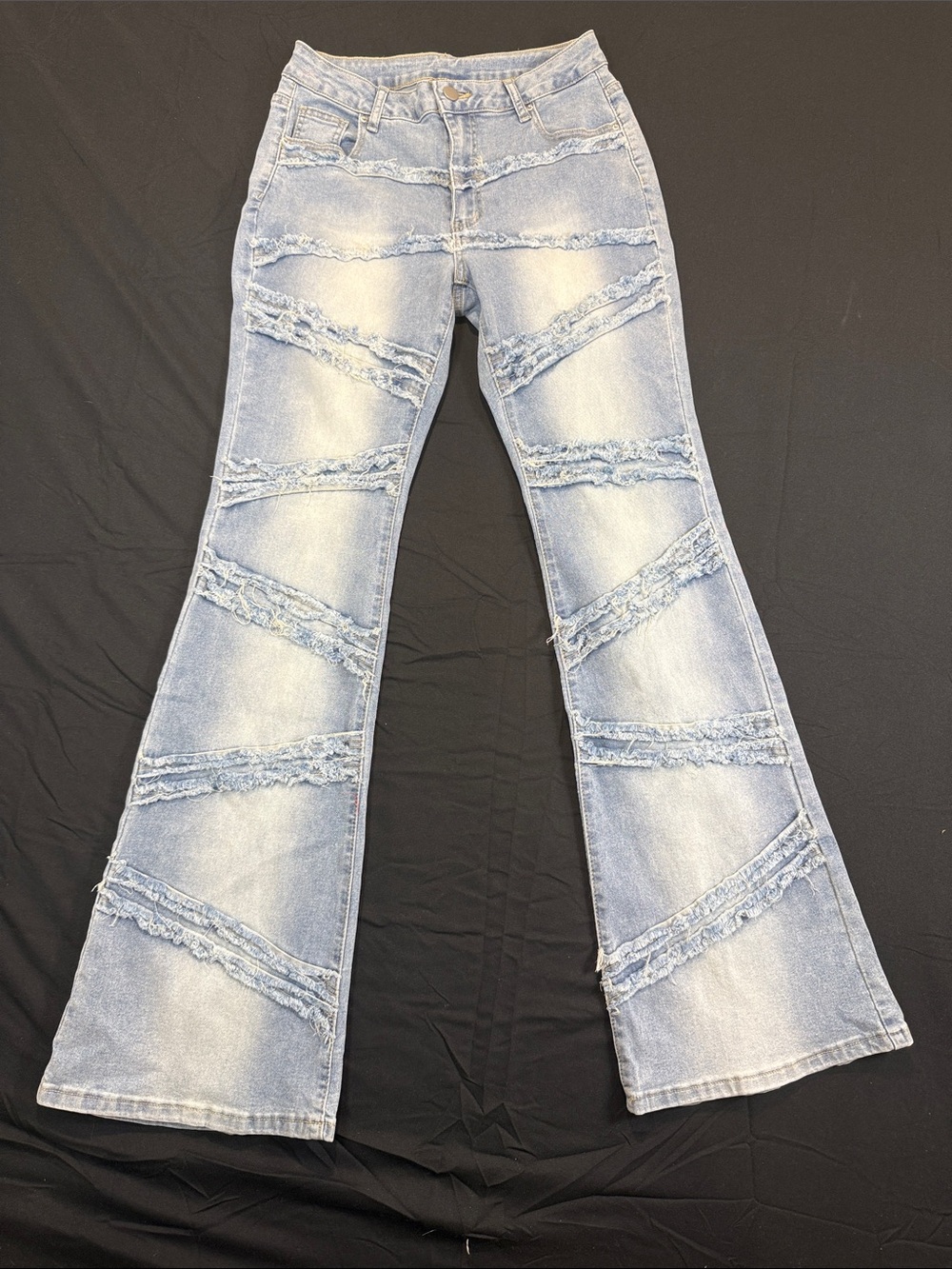 SHEIN Light Blue Distressed Flared Jeans with Frayed Panel Accents Size 28